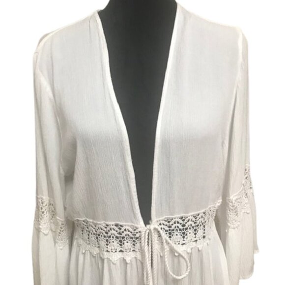 Blue Island Women's Crochet Trim White Swim Cover Up w/ Bell Sleeves Size Medium - Picture 2 of 7